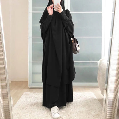 2-Piece Abaya & Long Skirt Set – Soft Stretch Muslim Women’s Prayer Garment | Jilbab Khimar | 8 Colors