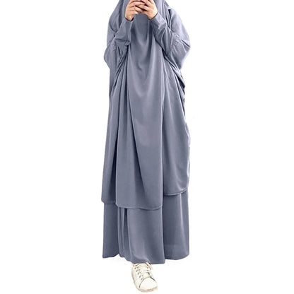 2-Piece Abaya & Long Skirt Set – Soft Stretch Muslim Women’s Prayer Garment | Jilbab Khimar | 8 Colors