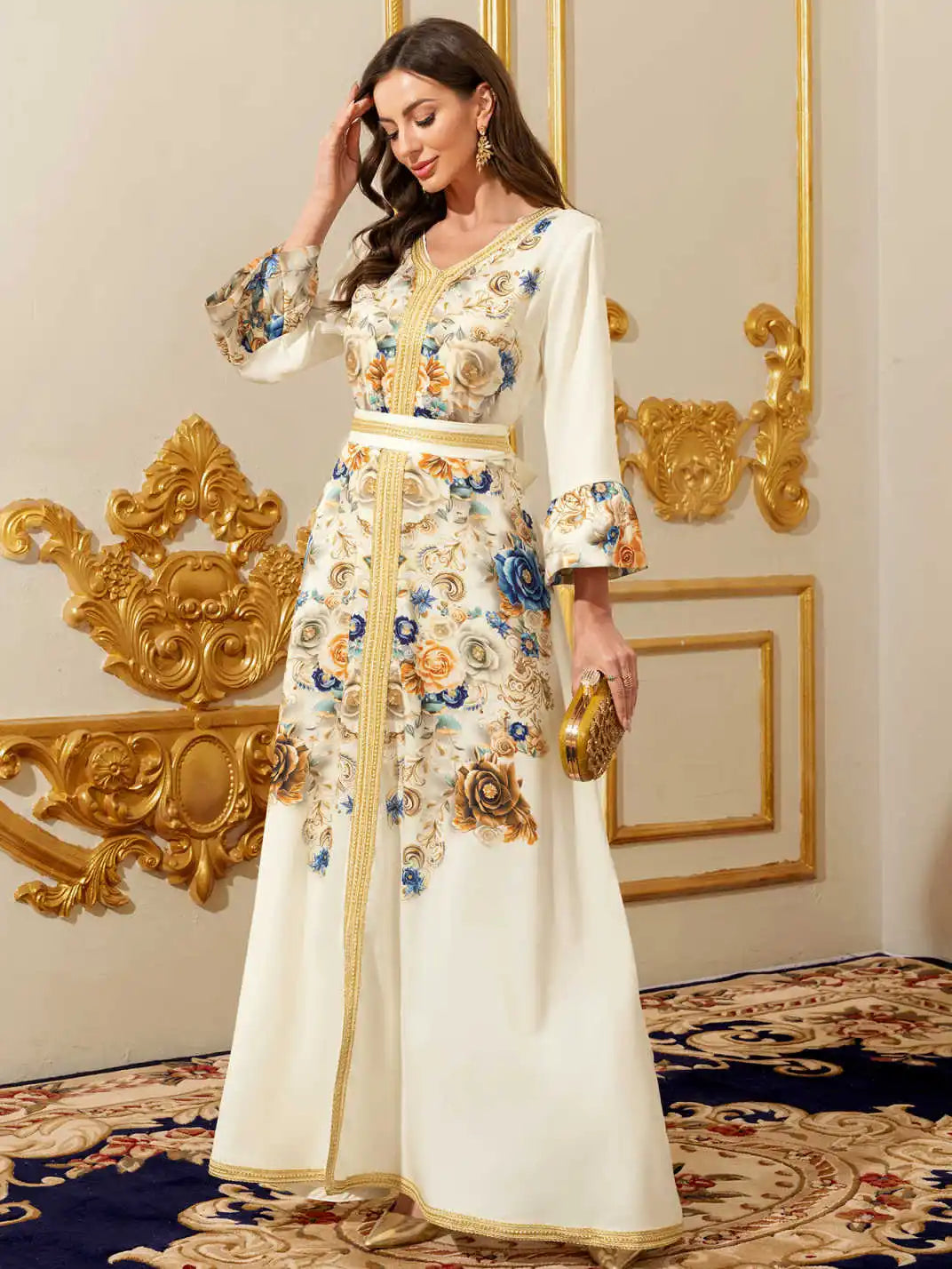 Gold Embroidered Moroccan Kaftan - Modest Maxi Dress