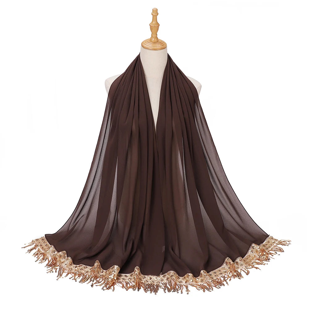 Women's Sequin Tassel Chiffon Hijab – Luxury Long Scarf & Shawl