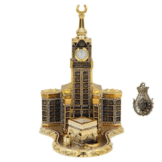 Kaaba & Clock Tower Replica Sculpture – 99 Names of Allah Gold Islamic Decor with Working Clock