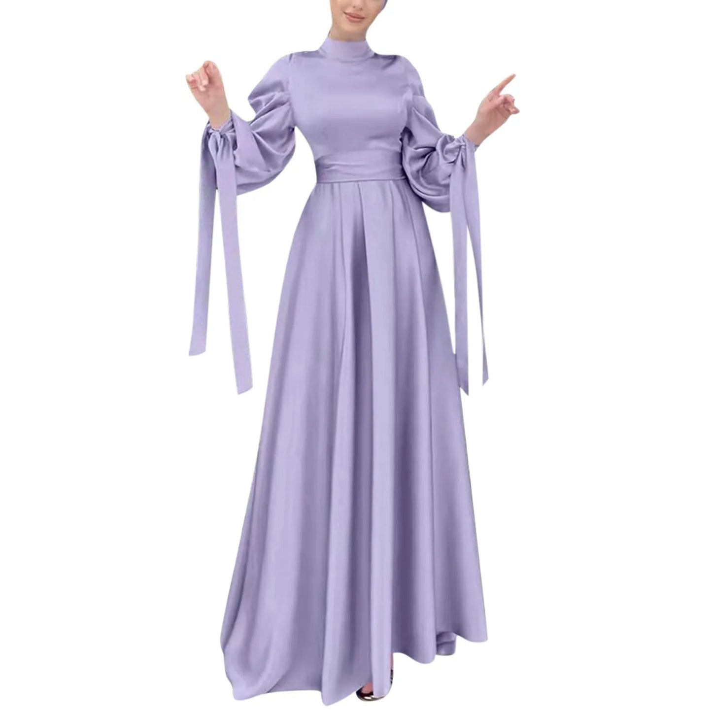 Lantern Sleeve Abaya - Belted Broadcloth Maxi Dress