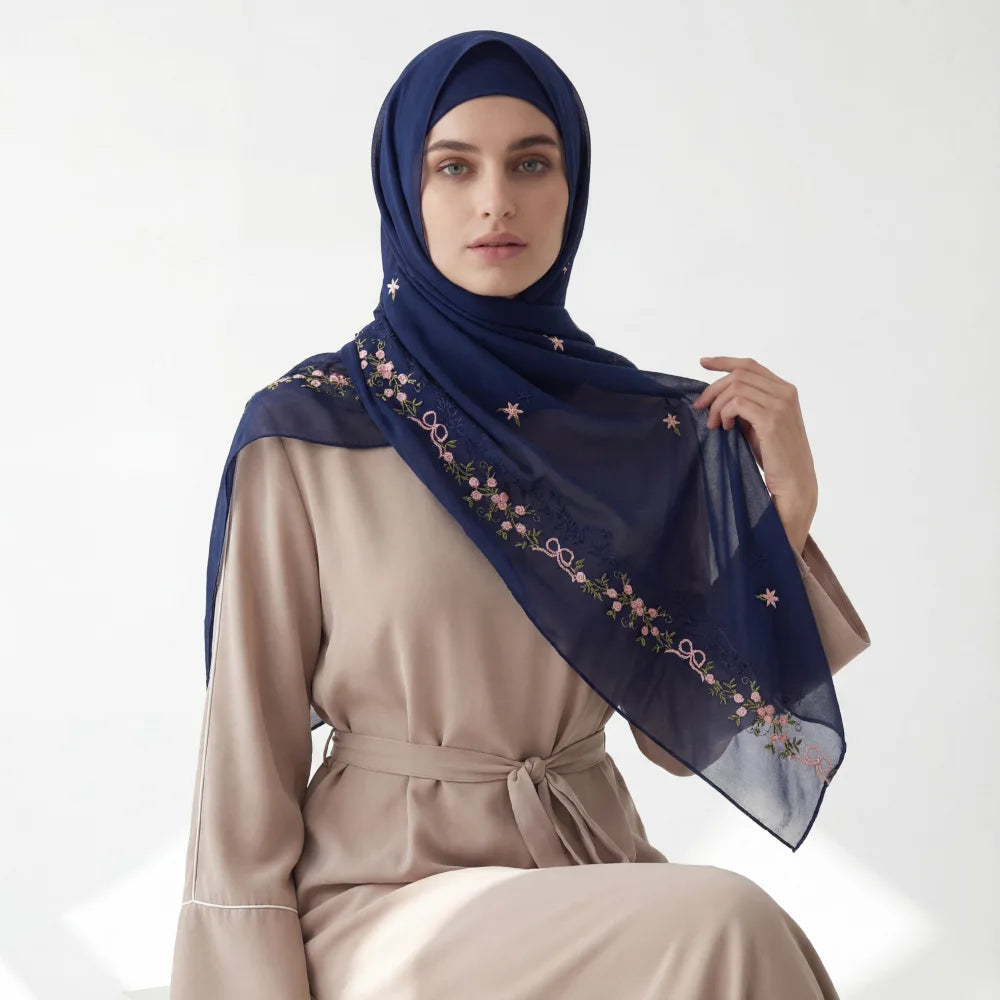 Women's Floral Embroidery Chiffon Hijab – Elegant Islamic Headscarf