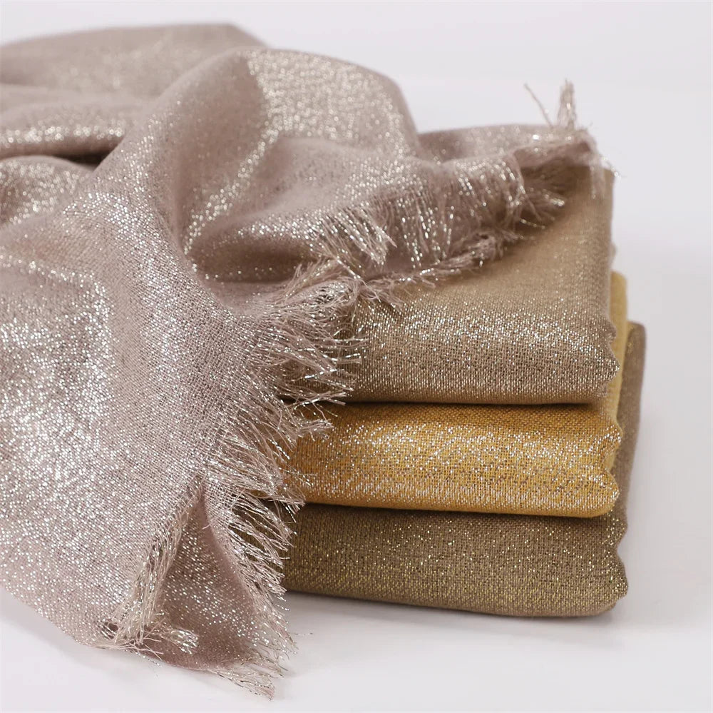 Shiny Fringe Hijab Shawl - 200x80cm Rayon Solid Color Women's Head Wrap