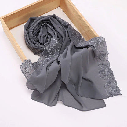 Floral Rose Embroidery Chiffon Hijab, 70 x 175 cm
