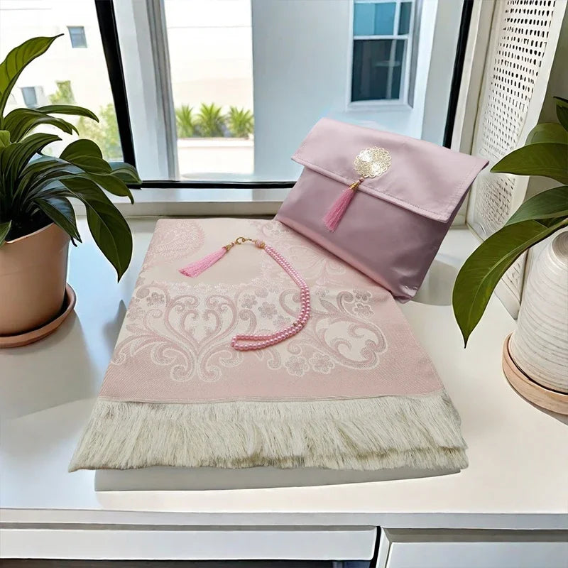 3-Piece Muslim Prayer Mat Set – Prayer Rug, Carry Bag & Tasbih Beads | Ramadan & Hajj Gift