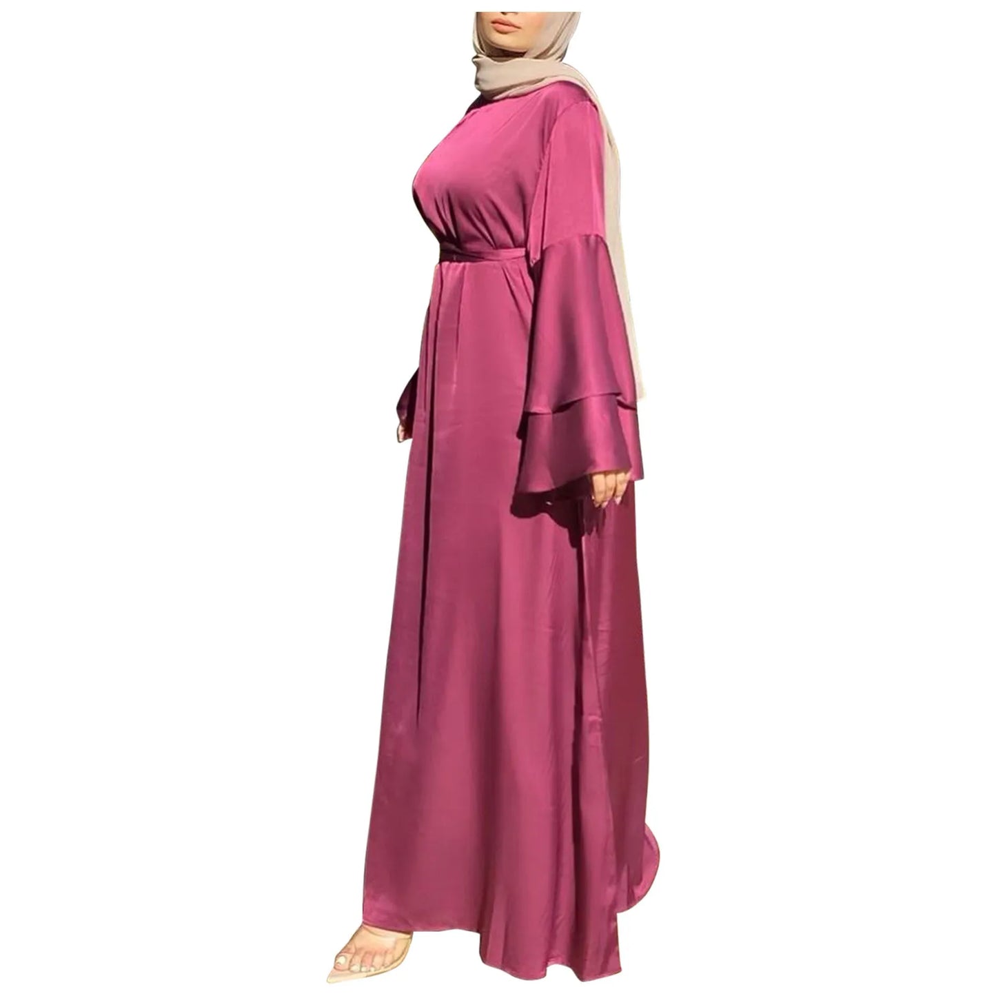 Women's Satin Abaya with Belt – Long Sleeve Maxi Dress, S–XXL