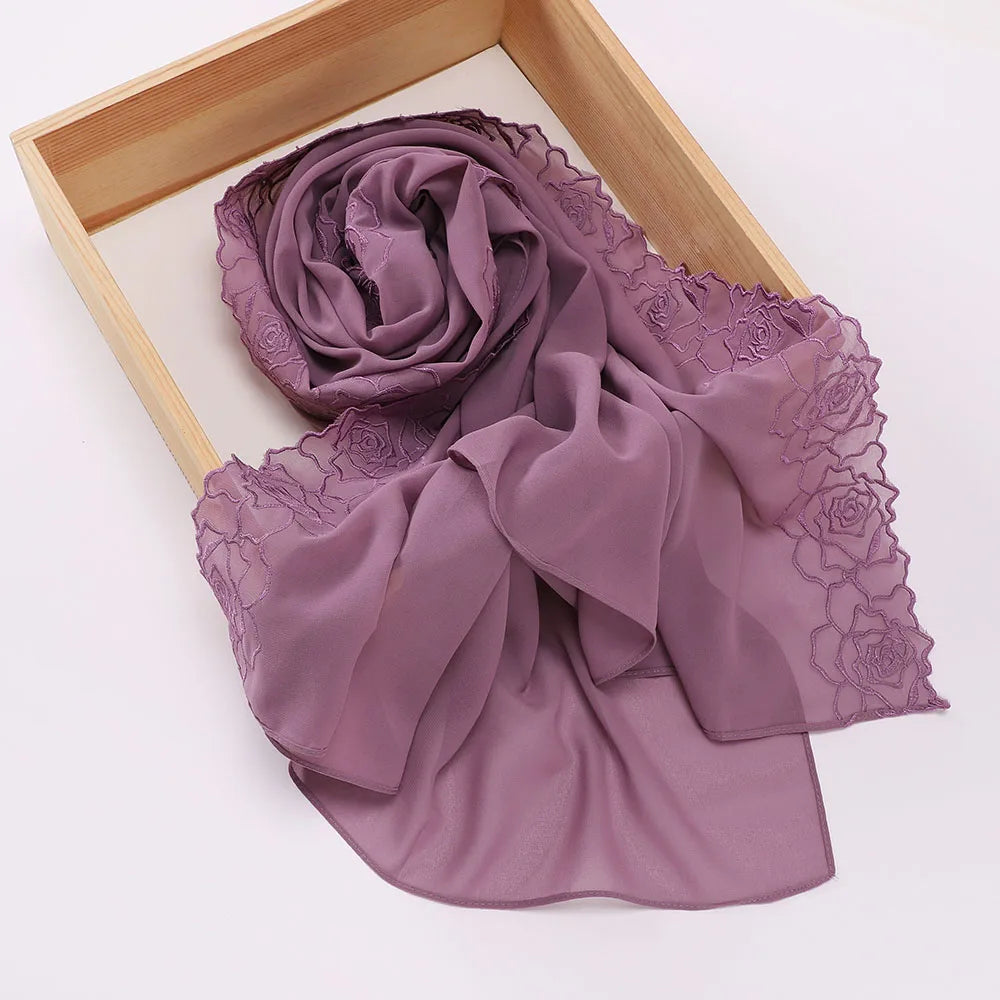 Floral Rose Embroidery Chiffon Hijab, 70 x 175 cm