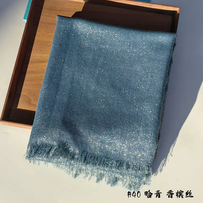 Shiny Fringe Hijab Shawl - 200x80cm Rayon Solid Color Women's Head Wrap