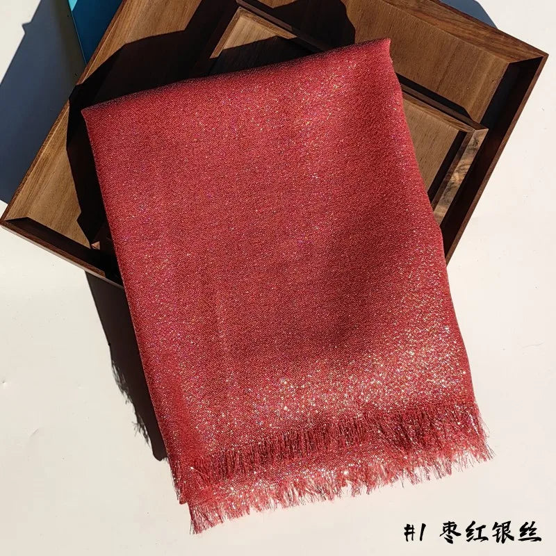 Shiny Fringe Hijab Shawl - 200x80cm Rayon Solid Color Women's Head Wrap
