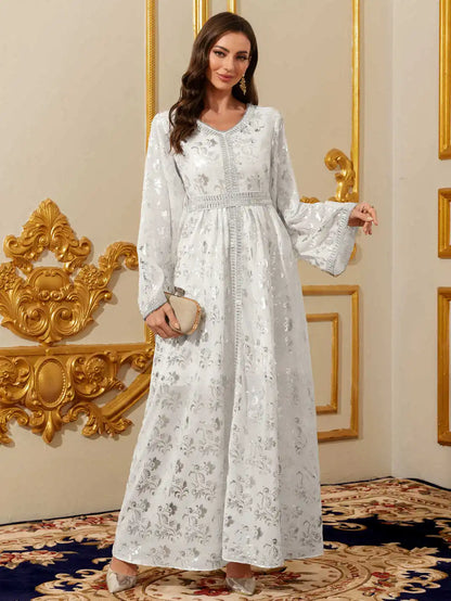 Luxury Satin Abaya Kaftan - Silver Print Maxi Dress