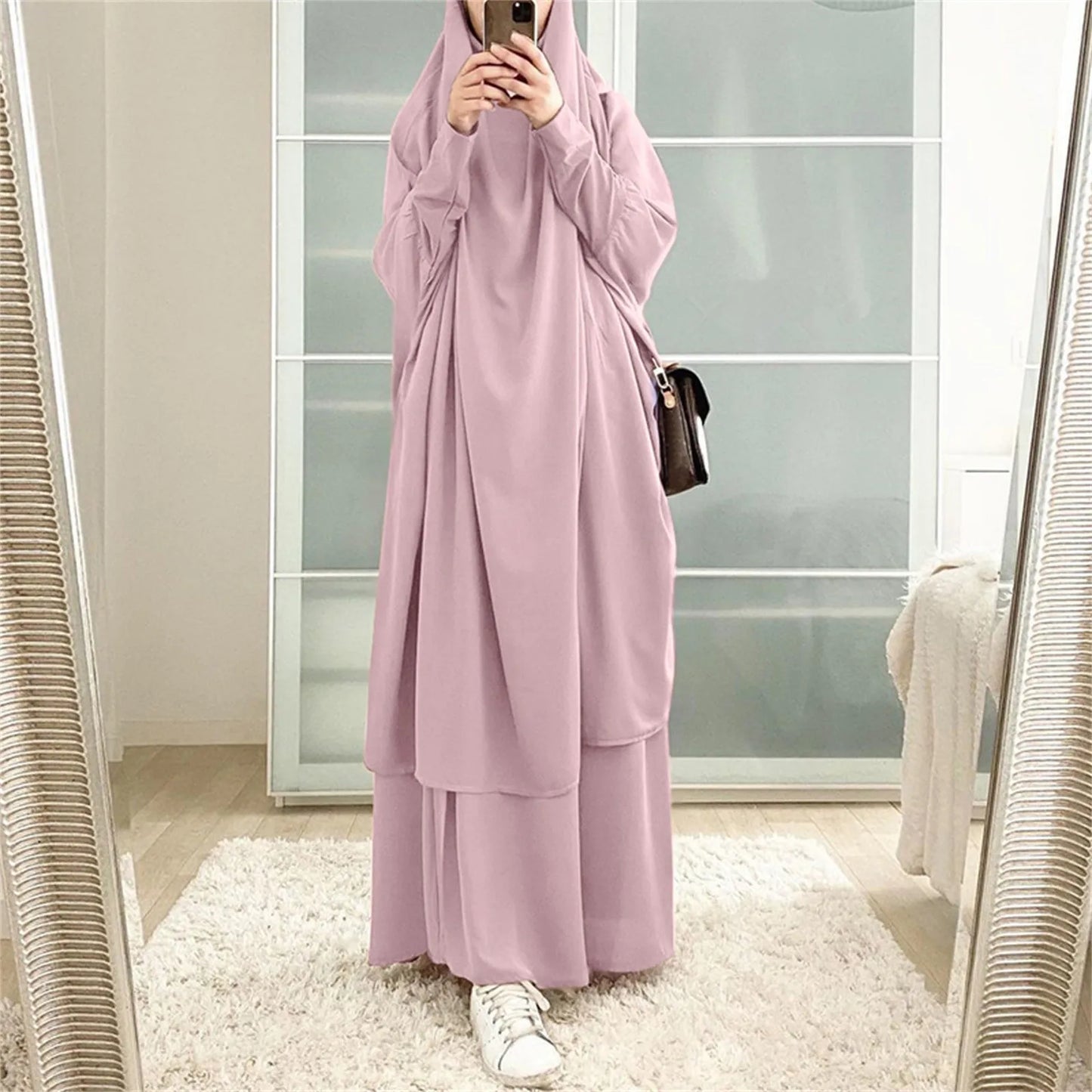 2-Piece Abaya & Long Skirt Set – Soft Stretch Muslim Women’s Prayer Garment | Jilbab Khimar | 8 Colors