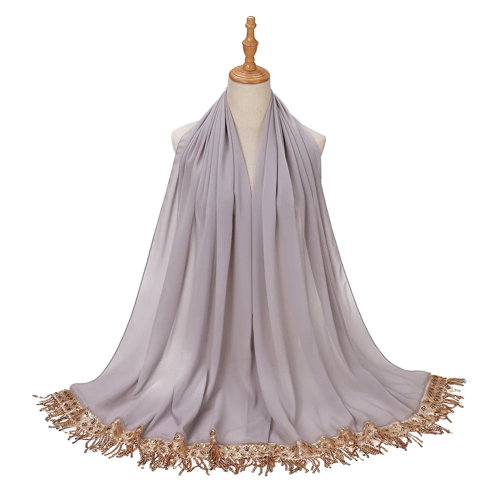 Women's Sequin Tassel Chiffon Hijab – Luxury Long Scarf & Shawl