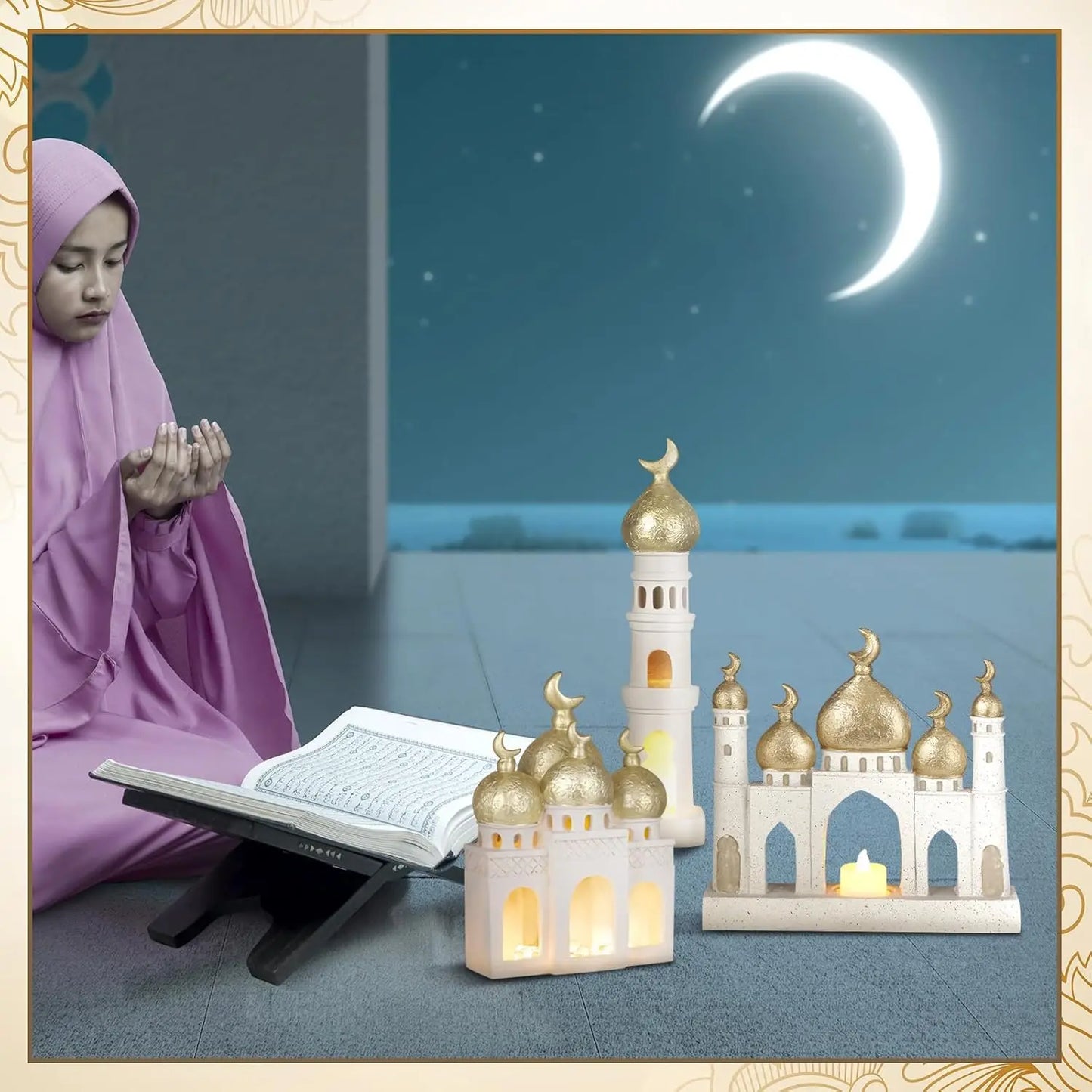 Mosque Tower Sculpture Set – Gold & White Ramadan Eid Decor (3 Pcs)
