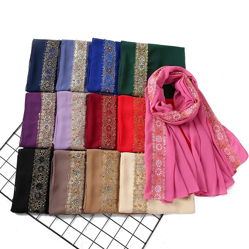 Women's Beaded Lace Chiffon Hijab Scarf – Elegant Islamic Headscarf