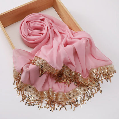 Women's Sequin Tassel Chiffon Hijab – Luxury Long Scarf & Shawl