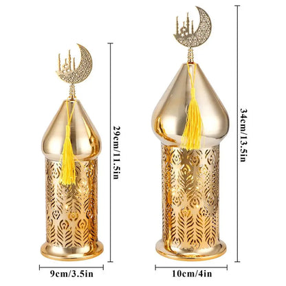 Set of 2 Gold Moroccan Lanterns with LED Fairy Lights & Timer – Metal Laser-Cut Indoor/Outdoor Decor