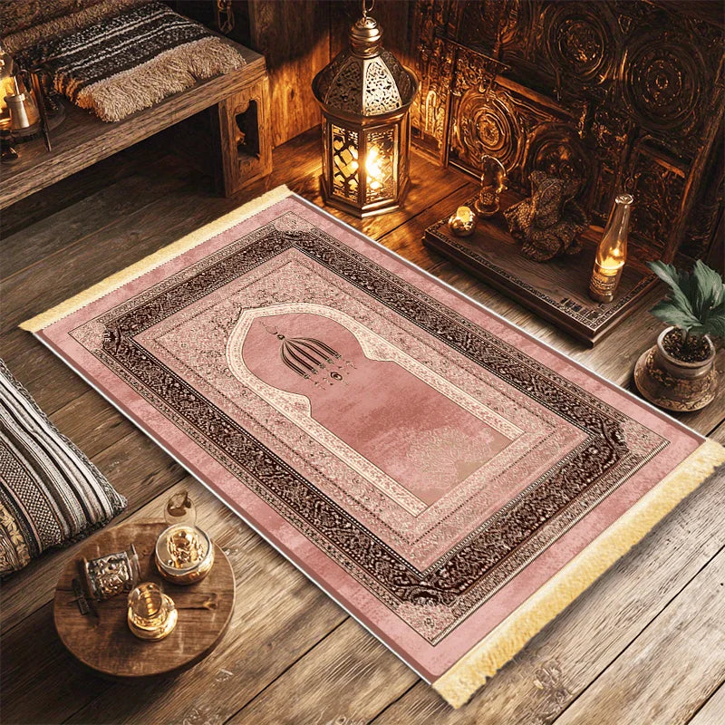Pink Arch Prayer Rug with Tassels – Soft Flannel Non-Slip Islamic Prayer Mat | 2 Sizes