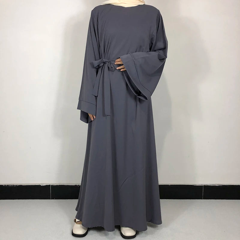 Plain Nida Abaya with Belt – Long-Sleeve Modest Dress