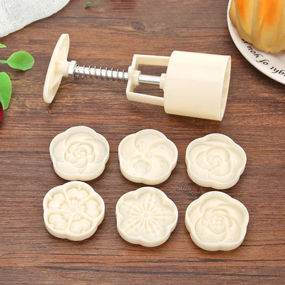 Round Mooncake Mold Set – 6 Flower Patterns, Hand Press for Eid Cookies & Festive Baking