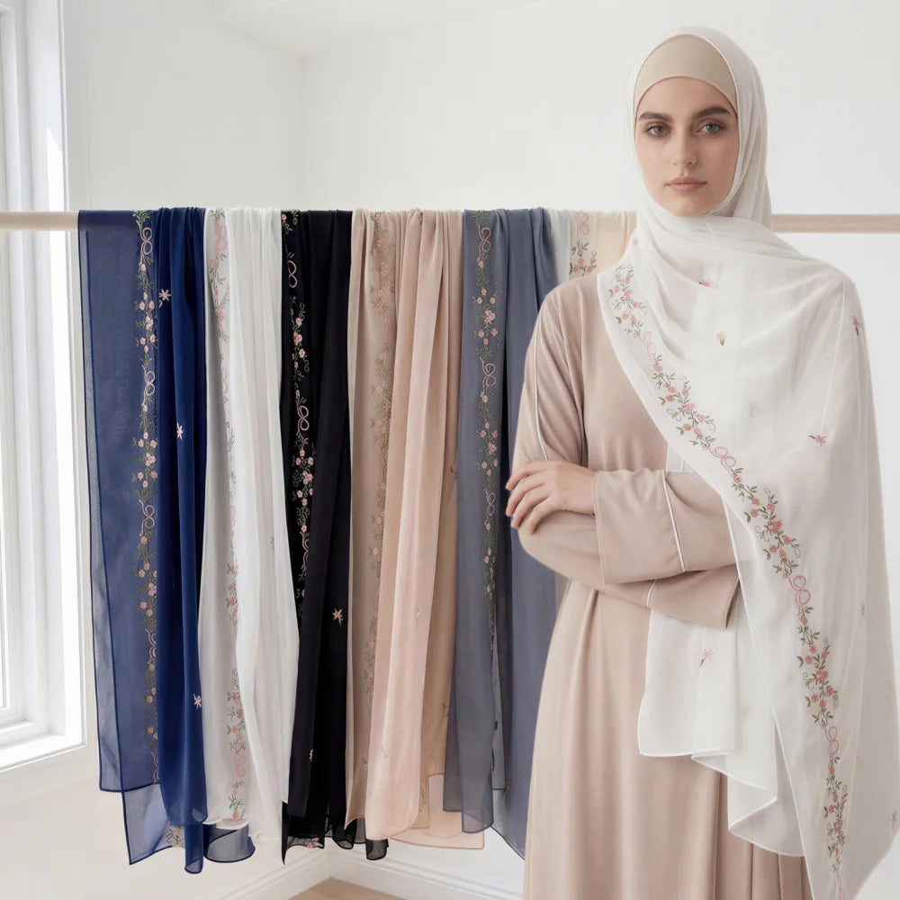 Women's Floral Embroidery Chiffon Hijab – Elegant Islamic Headscarf