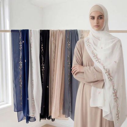 Women's Floral Embroidery Chiffon Hijab – Elegant Islamic Headscarf