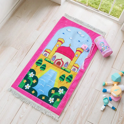 Kids Muslim Prayer Rug Gift Set – 4-Piece Ramadan & Eid Gift for Children | Pink & Blue