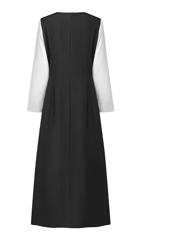 Layered Pleated Muslim Maxi Dress – Color-Blocked Patchwork Abaya Gown | Long Sleeve | S–XXXL | 3 Colors