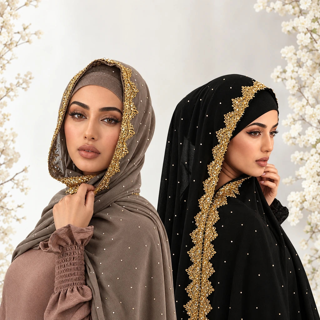 Chiffon Hijab Scarf with Lace & Sequin Detail