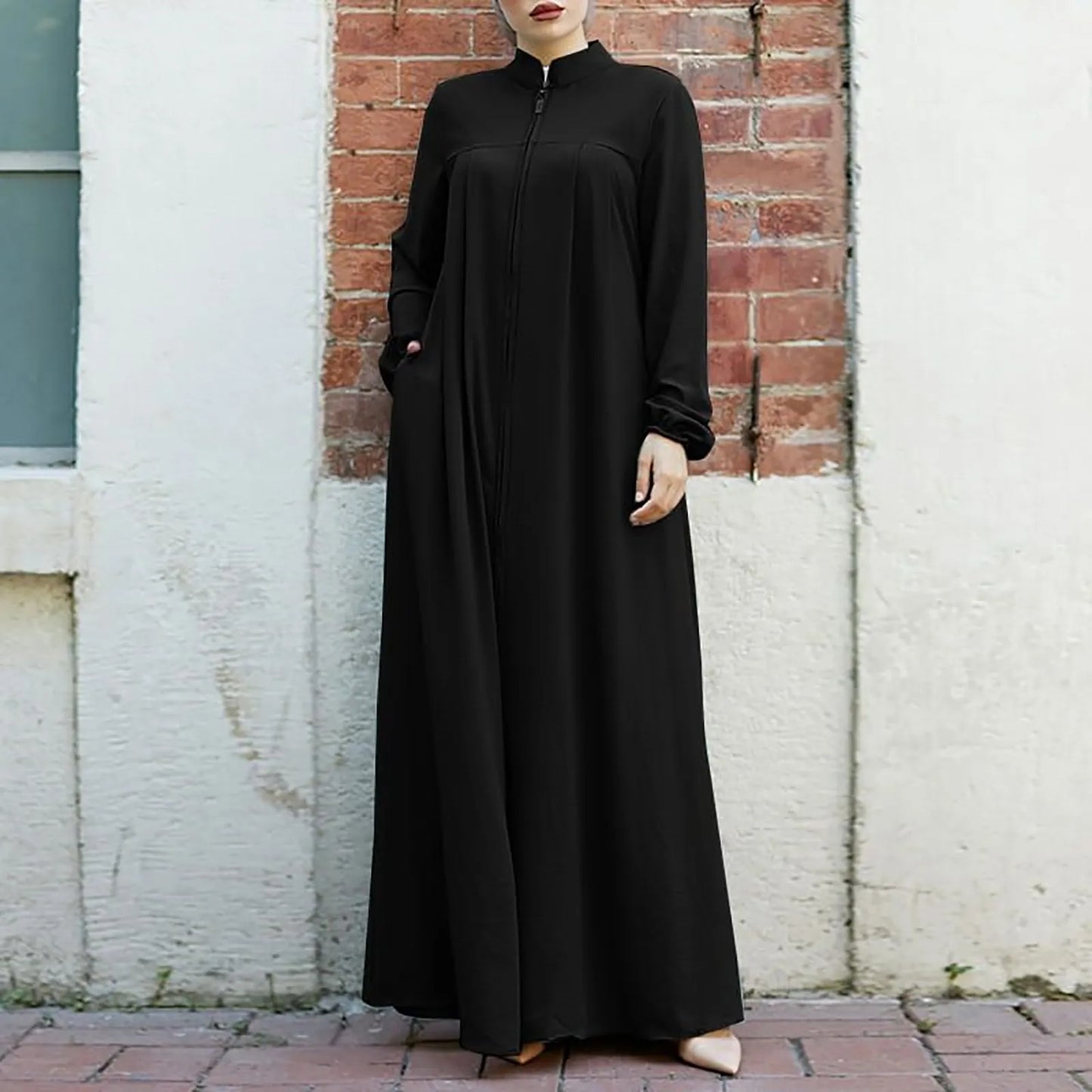 Women's Front Zip Stand-Collar Abaya with Pockets – Loose Fit, S–XXL