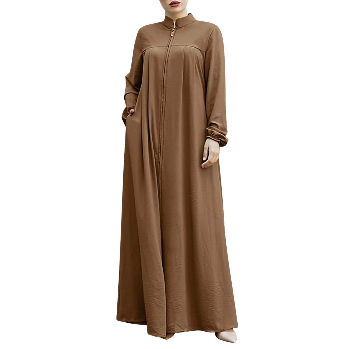 Women's Front Zip Stand-Collar Abaya with Pockets – Loose Fit, S–XXL