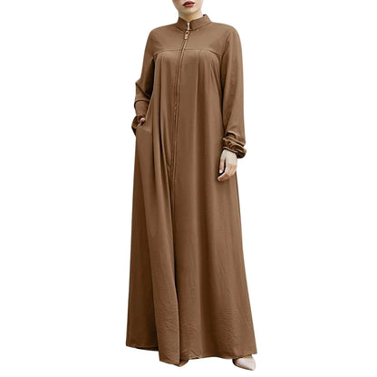 Women's Front Zip Stand-Collar Abaya with Pockets – Loose Fit, S–XXL