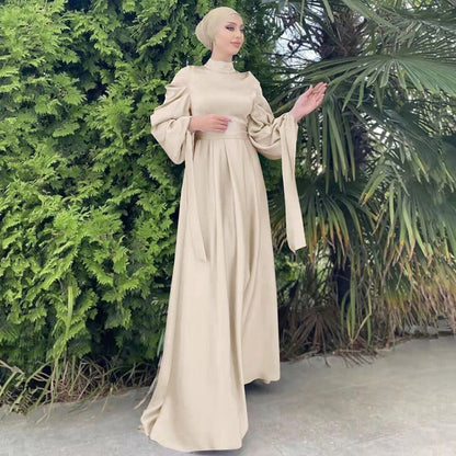 Lantern Sleeve Abaya - Belted Broadcloth Maxi Dress