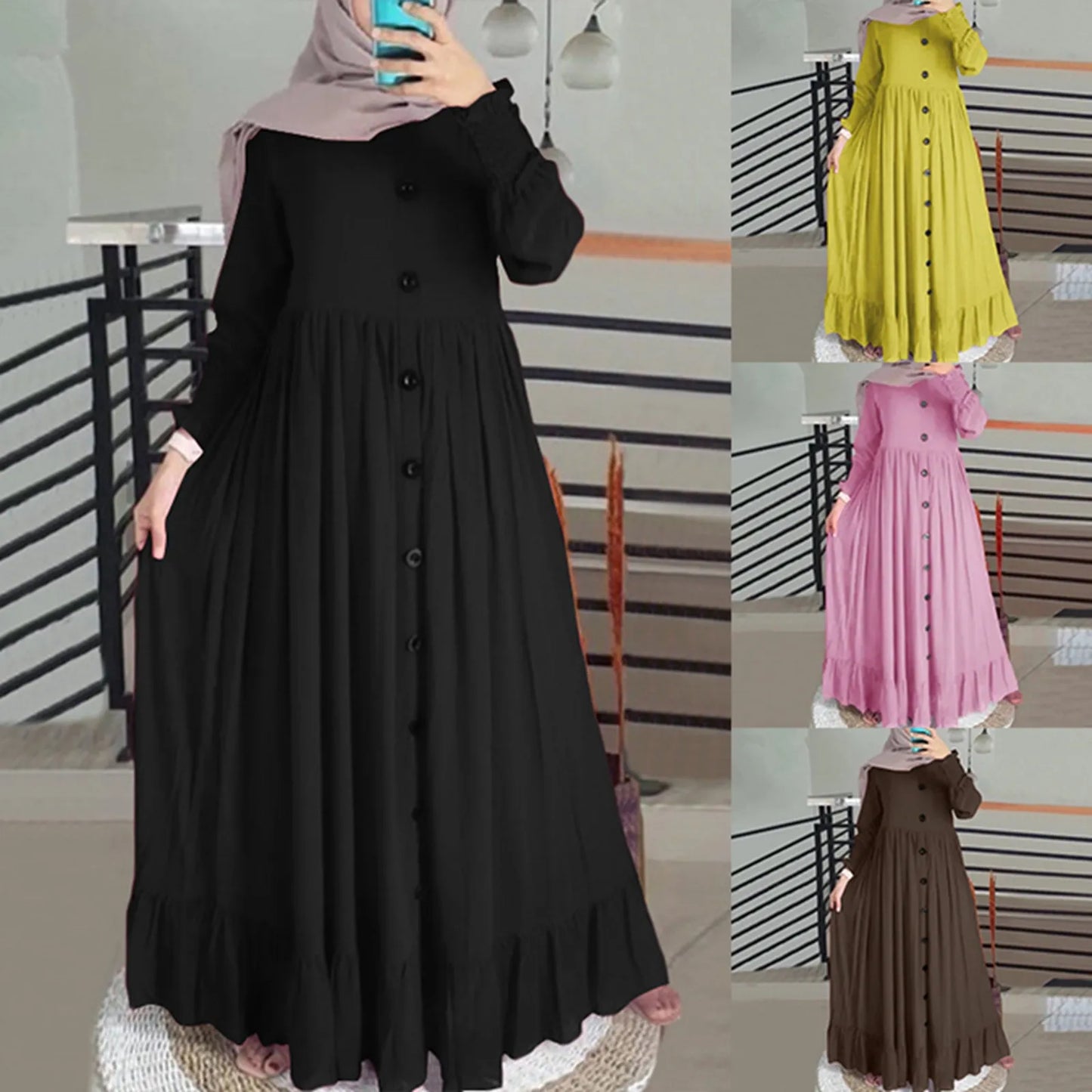 Women's Cotton-Linen Abaya – Ruffle Hem Maxi Dress, Oversized S–XXL