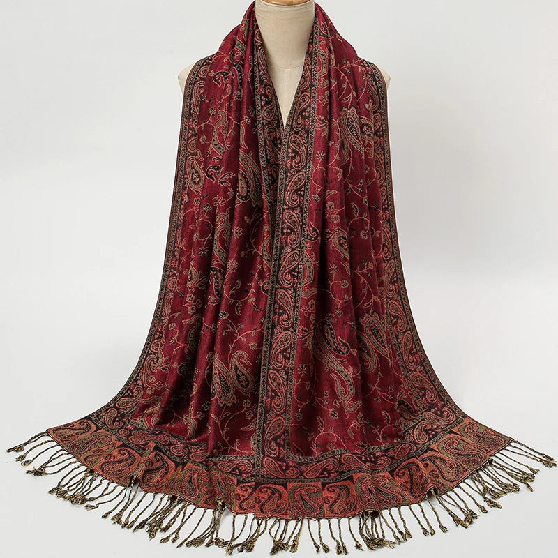 Women's Jacquard Tassel Hijab Scarf – Floral Pashmina Shawl