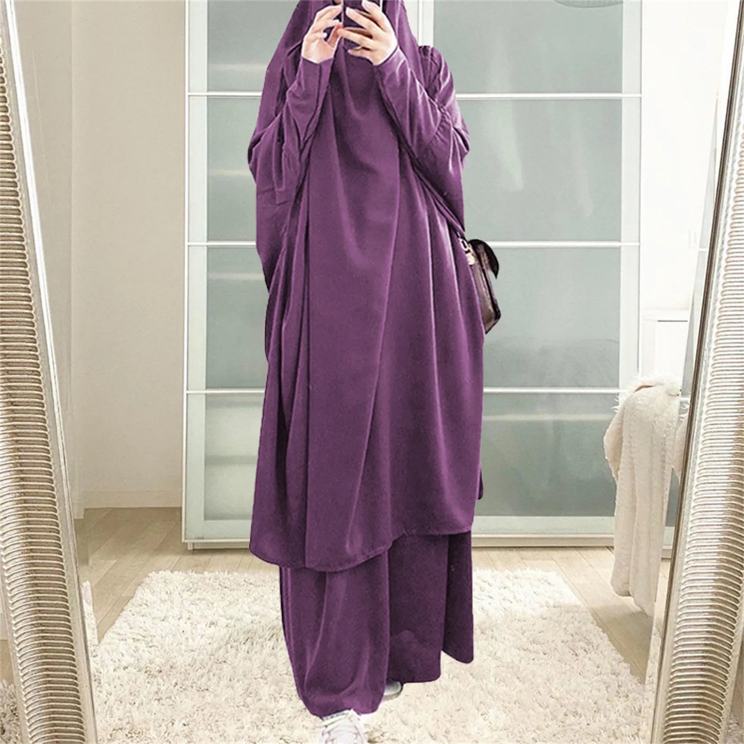 2-Piece Abaya & Long Skirt Set – Soft Stretch Muslim Women’s Prayer Garment | Jilbab Khimar | 8 Colors