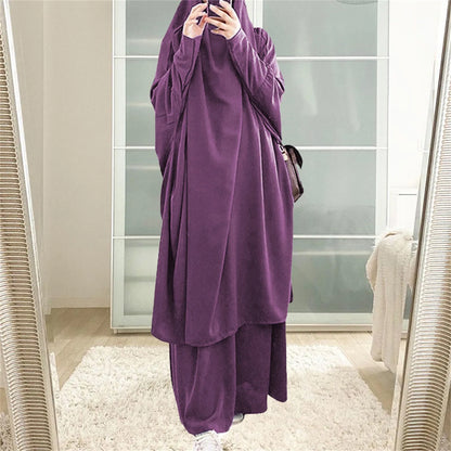 2-Piece Abaya & Long Skirt Set – Soft Stretch Muslim Women’s Prayer Garment | Jilbab Khimar | 8 Colors