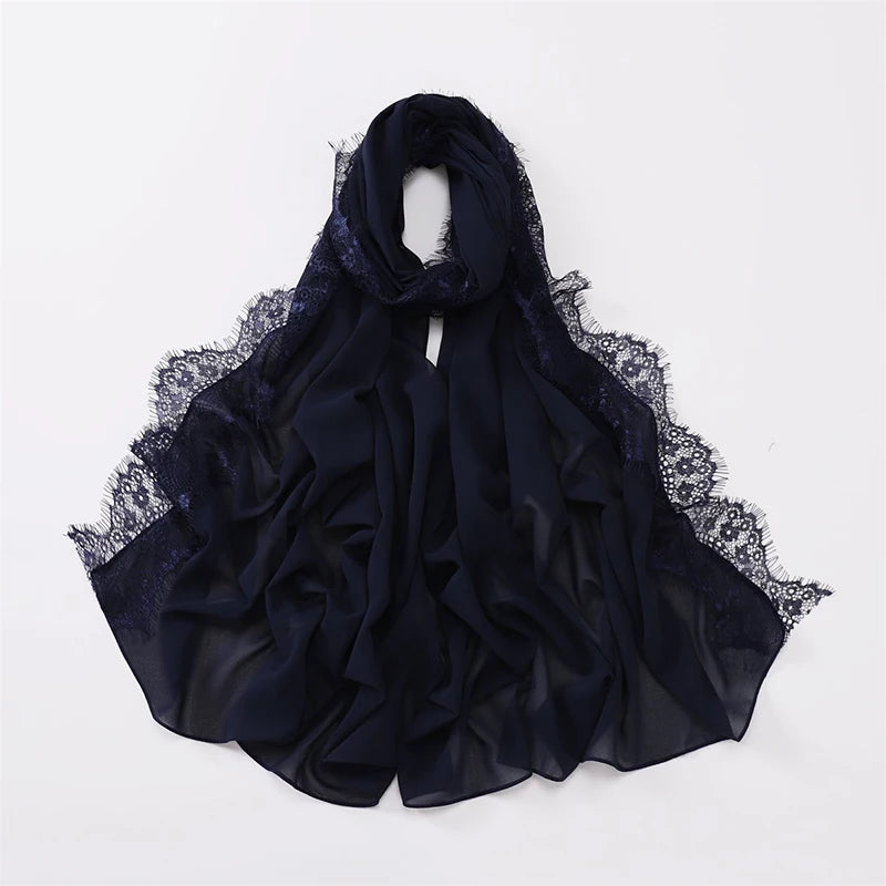 Plain Soft Hijab with Lace Trim – Lightweight Chiffon Muslim Headscarf & Shawl | 170×70cm | 12 Colors