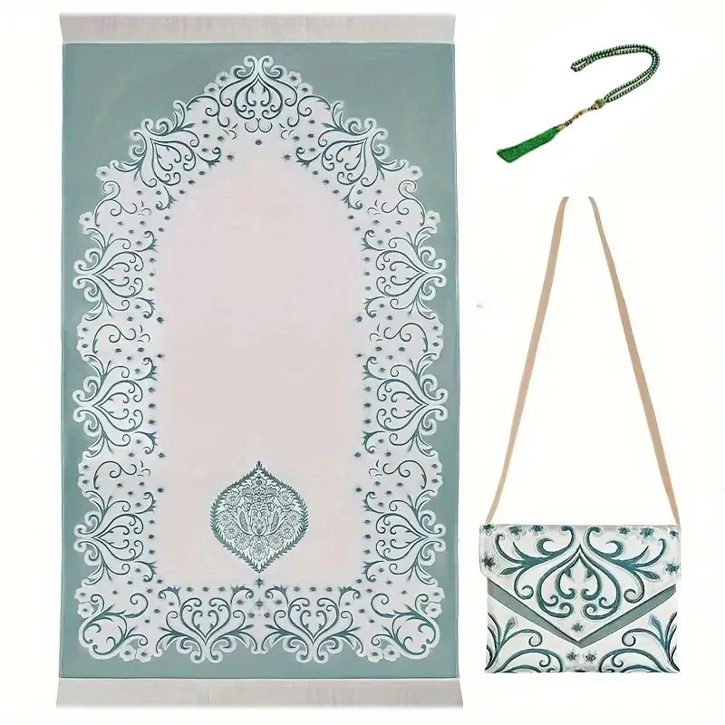 3-Piece Muslim Prayer Mat Set – Prayer Rug, Carry Bag & Tasbih Beads | Ramadan & Hajj Gift