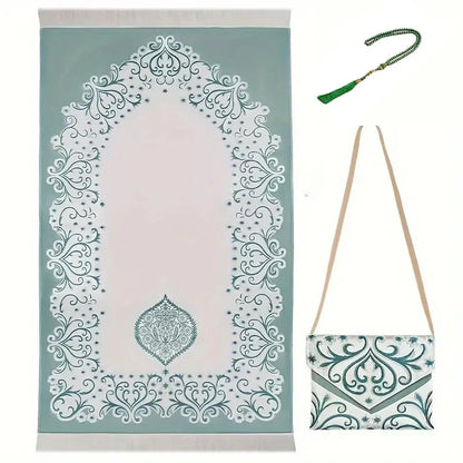3-Piece Muslim Prayer Mat Set – Prayer Rug, Carry Bag & Tasbih Beads | Ramadan & Hajj Gift