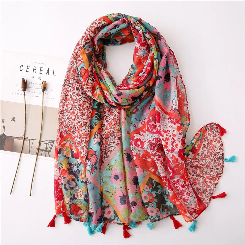 Printed Cotton Tassel Scarf – Large 180x90cm Hijab, Shawl & Beach Wrap (43 Colors)