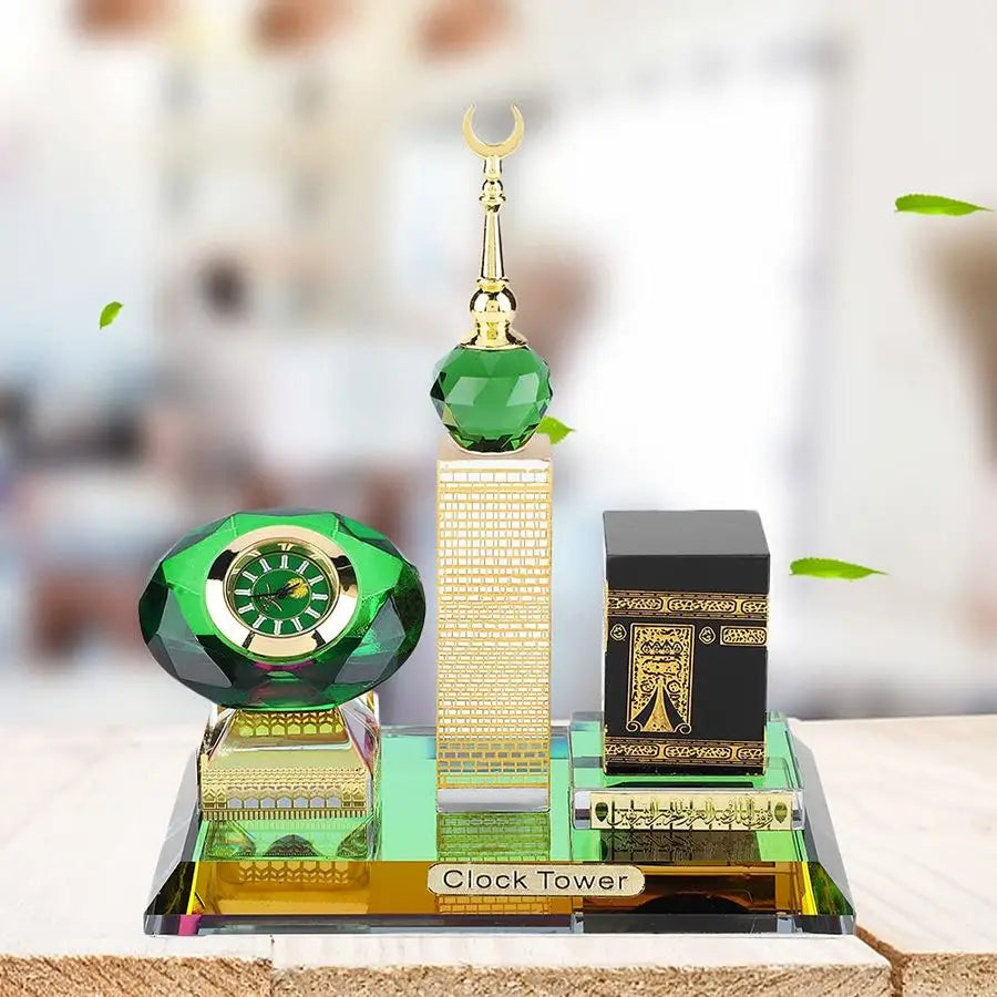 Kaaba Clock Tower Crystal Figurine | 3-in-1 Islamic Table Decor | Titanium Crystal Islamic Architecture Model