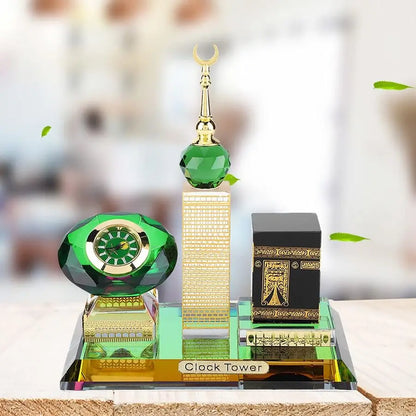 Kaaba Clock Tower Crystal Figurine | 3-in-1 Islamic Table Decor | Titanium Crystal Islamic Architecture Model