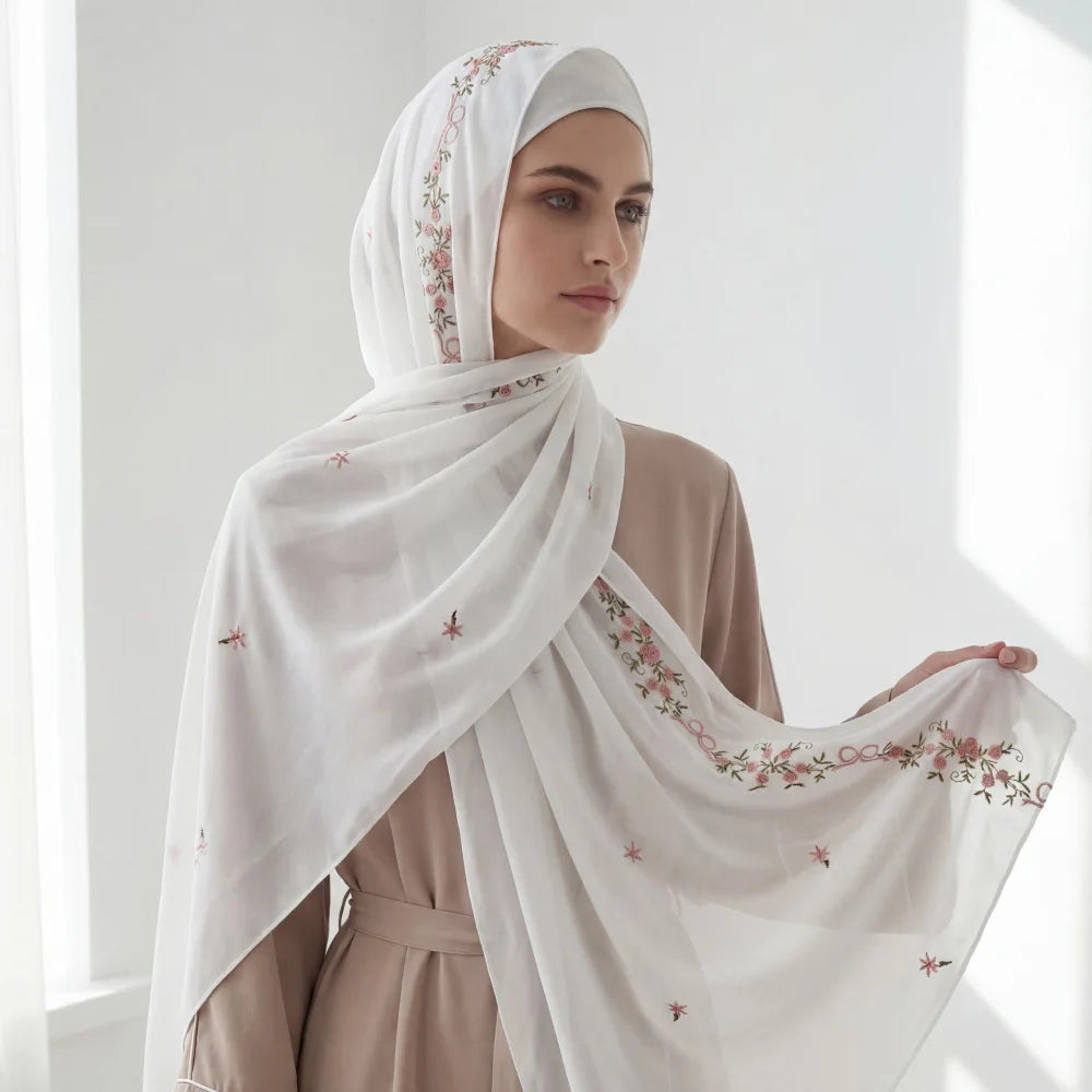 Women's Floral Embroidery Chiffon Hijab – Elegant Islamic Headscarf