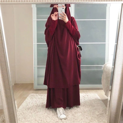 2-Piece Abaya & Long Skirt Set – Soft Stretch Muslim Women’s Prayer Garment | Jilbab Khimar | 8 Colors