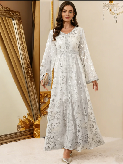 Luxury Satin Abaya Kaftan - Silver Print Maxi Dress