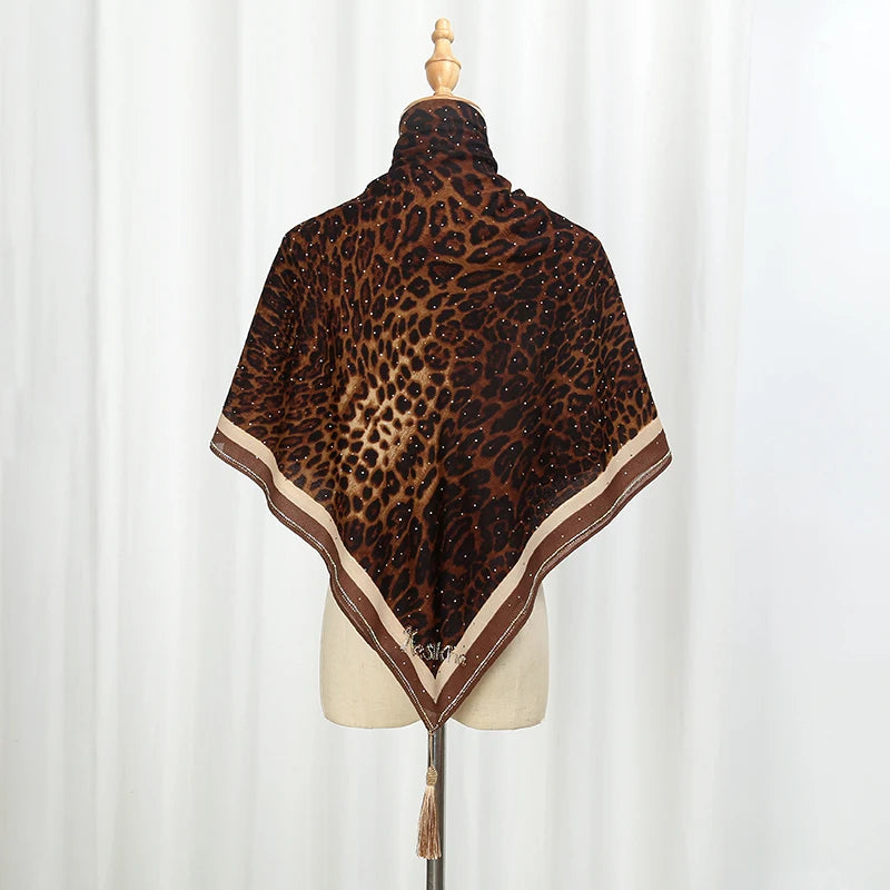 Leopard Print Satin Hijab with Diamond Detail – Square Headscarf & Shawl (4 Colors)