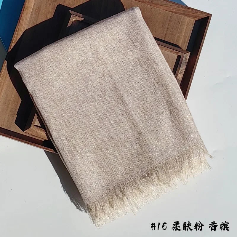 Shiny Fringe Hijab Shawl - 200x80cm Rayon Solid Color Women's Head Wrap