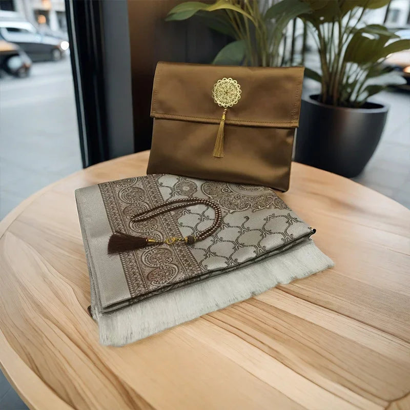 3-Piece Muslim Prayer Mat Set – Prayer Rug, Carry Bag & Tasbih Beads | Ramadan & Hajj Gift