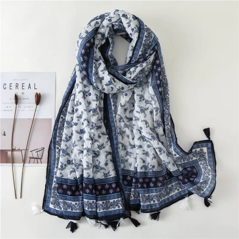 Printed Cotton Tassel Scarf – Large 180x90cm Hijab, Shawl & Beach Wrap (43 Colors)